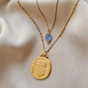 Cute but elegant fine blue chalcedony pendant necklace , bathed in 24k gold or silver, handmade in Paris, France image 8