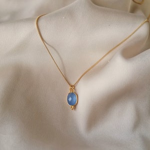 Cute but elegant fine blue chalcedony pendant necklace , bathed in 24k gold or silver, handmade in Paris, France image 4