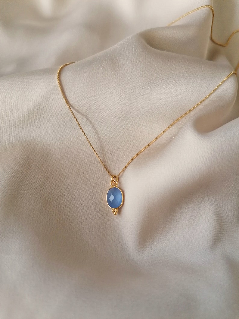 Cute but elegant fine blue chalcedony pendant necklace , bathed in 24k gold or silver, handmade in Paris, France image 4