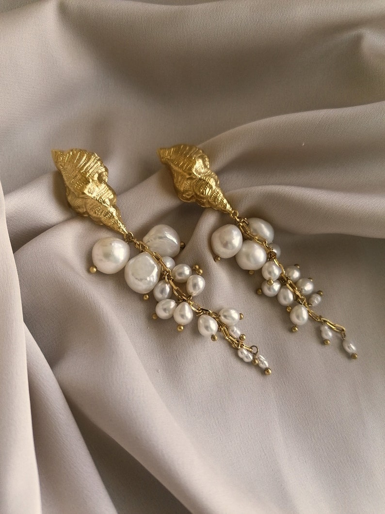 Beautiful dangling earrings with a cascade of pearls and a vintage shell, bathed in gold or silver, made by hand in Paris, France image 1