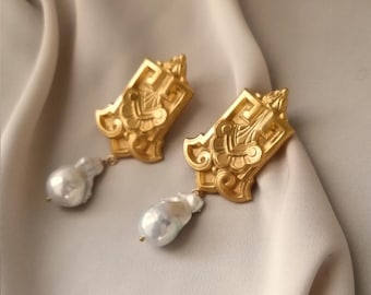 Statement earrings with natural baroque pearls, made by hand in Paris, France