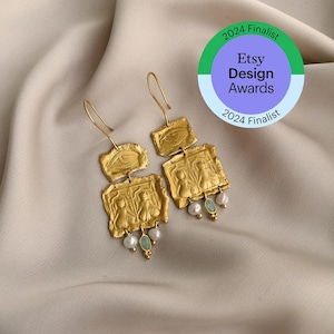 Handmade 24k Gold Dangle Earrings, Pearl, Aqua Chalcedony, Paris Jewelry