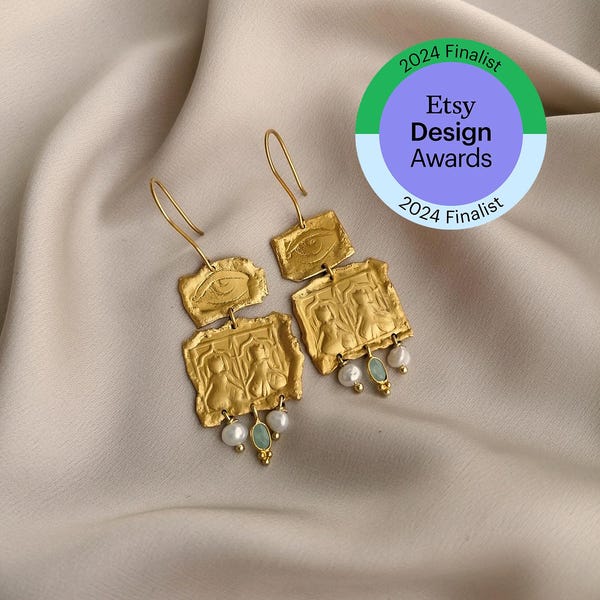 Handmade 24k Gold Dangle Earrings, Pearl, Aqua Chalcedony, Paris Jewelry