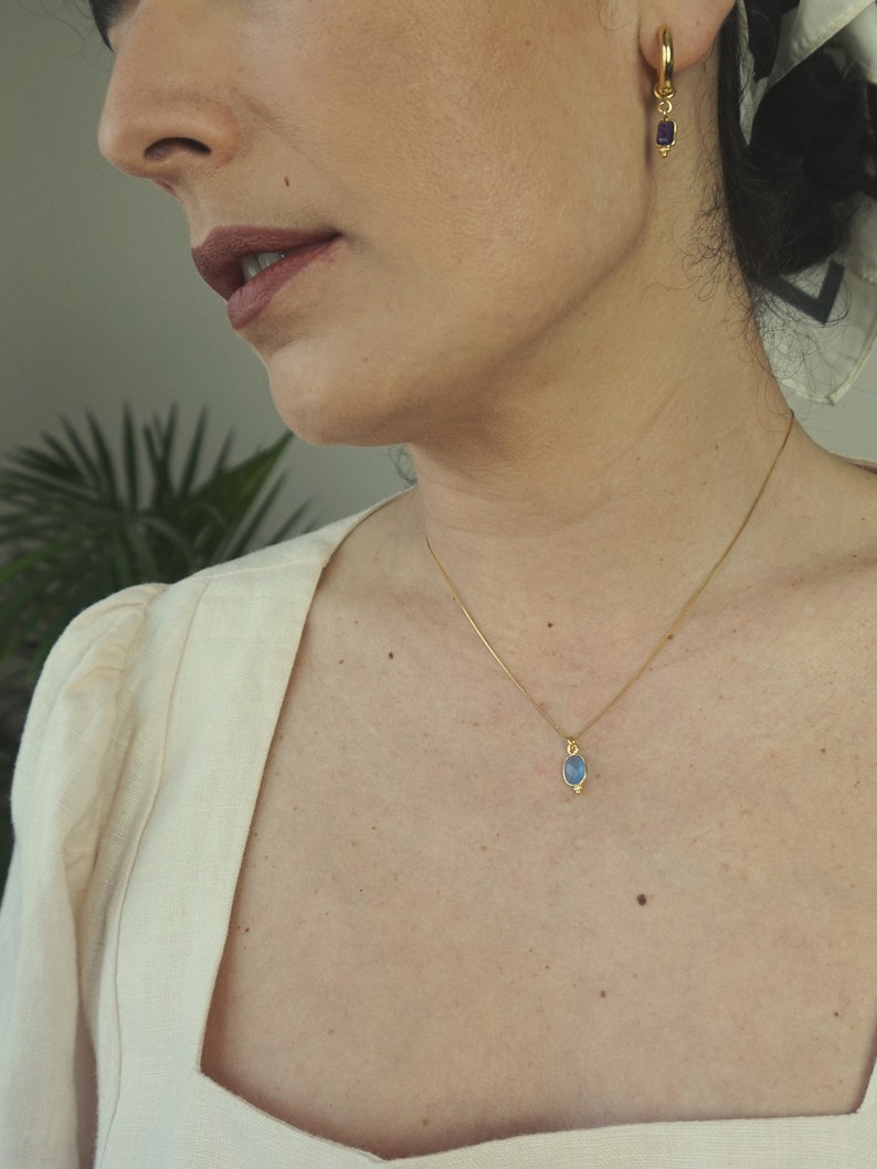 Cute but elegant fine blue chalcedony pendant necklace , bathed in 24k gold or silver, handmade in Paris, France image 7