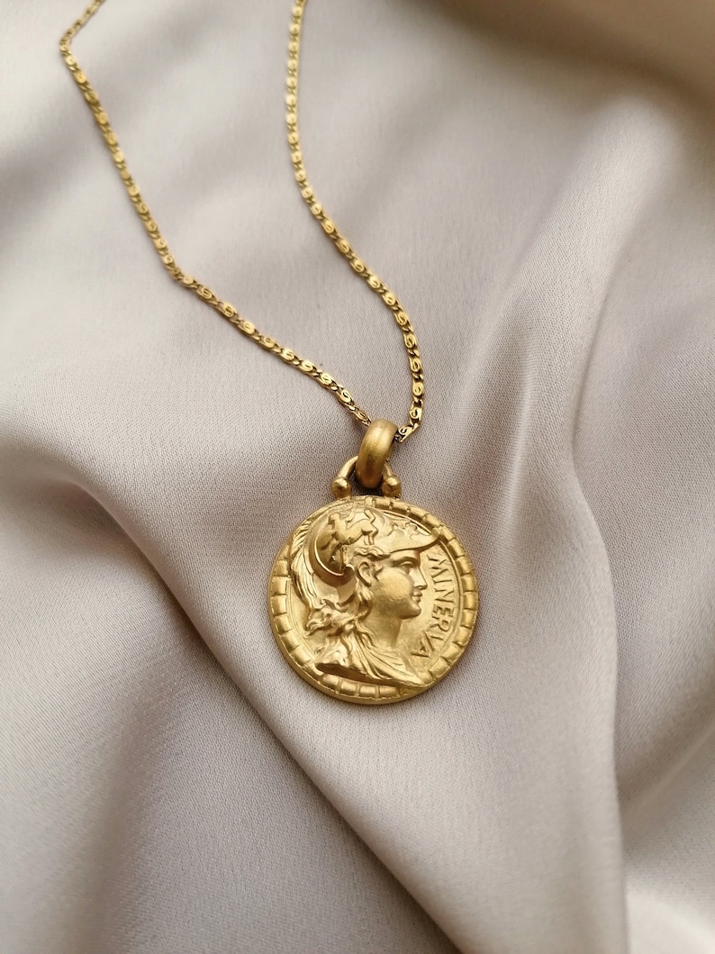 Big Goddess Minerva vintage coin necklace, bathed in gold or palladium, handmade in Paris, France image 1
