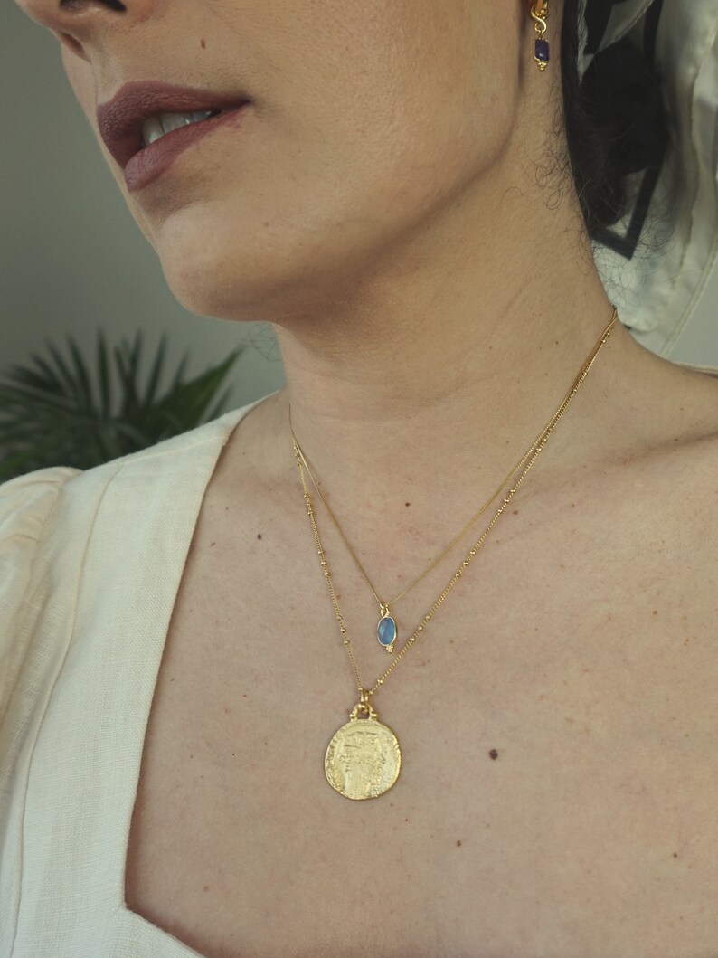 Cute but elegant fine blue chalcedony pendant necklace , bathed in 24k gold or silver, handmade in Paris, France image 9