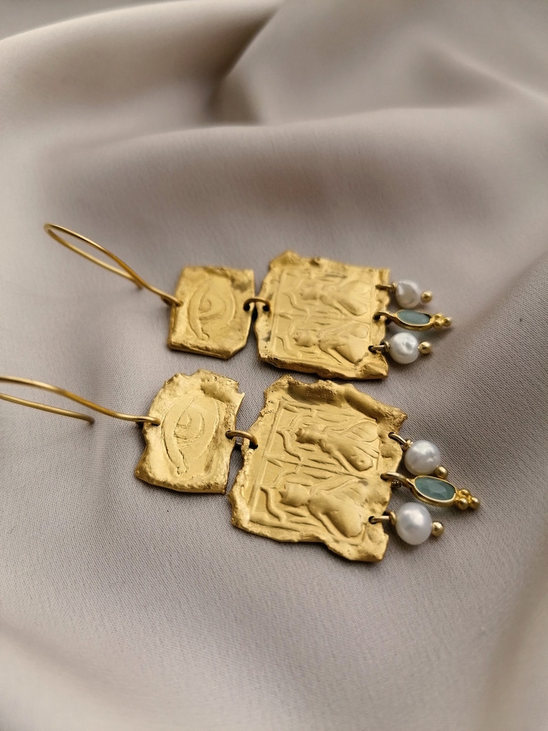 Dangle earrings engraved bu hand and bathed in 24k gold or silver. Made by hand in Paris, France image 4