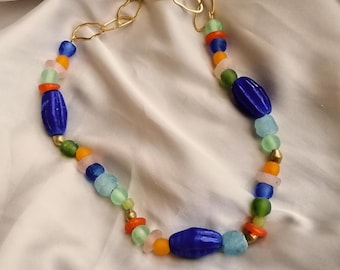 Beaded maxi necklace made with recycled glass and bronze beads in blue tones