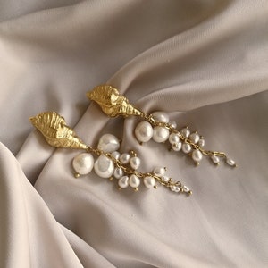 Beautiful dangling earrings with a cascade of pearls and a vintage shell, bathed in gold or silver, made by hand in Paris, France image 7
