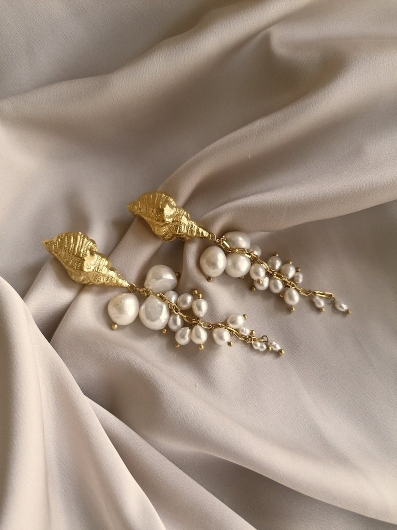 Beautiful dangling earrings with a cascade of pearls and a vintage shell, bathed in gold or silver, made by hand in Paris, France image 7