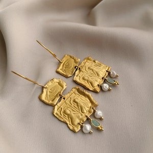 Dangle earrings engraved bu hand and bathed in 24k gold or silver. Made by hand in Paris, France image 2