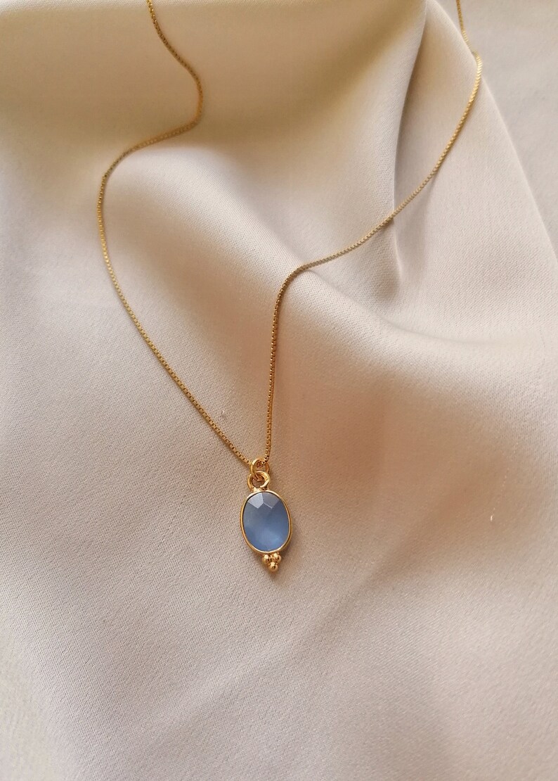 Cute but elegant fine blue chalcedony pendant necklace , bathed in 24k gold or silver, handmade in Paris, France image 1