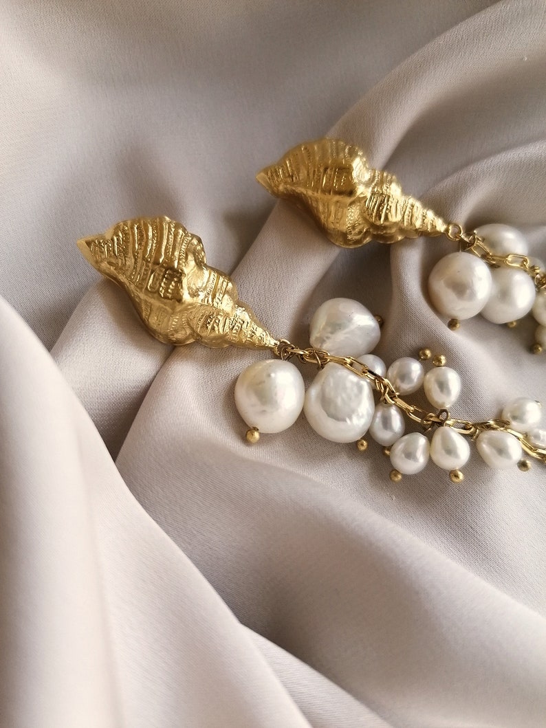 Beautiful dangling earrings with a cascade of pearls and a vintage shell, bathed in gold or silver, made by hand in Paris, France image 4