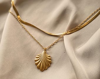 Two chain necklace with an antique victorian shell pendant bathed in 24k gold