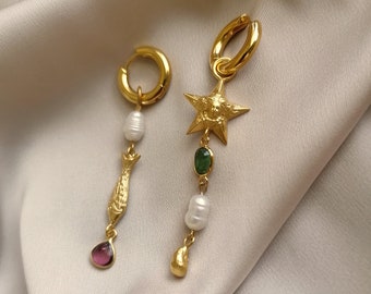 Ancient inspired asymmetric hoop earrings with pearls and a green and red turmalines bathed in gold or silver, made by hand in Paris, France