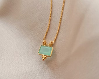 Cute but elegant fine aqua chalcedony pendant necklace , bathed in 24k gold or silver, handmade in Paris, France
