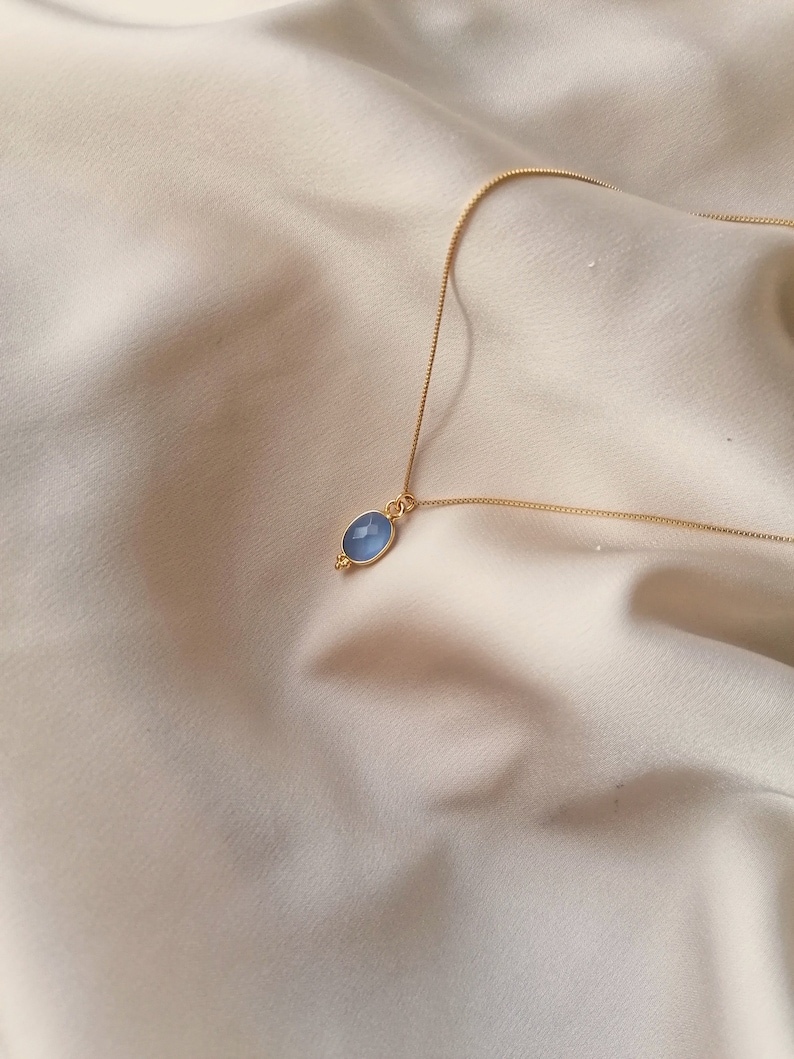 Cute but elegant fine blue chalcedony pendant necklace , bathed in 24k gold or silver, handmade in Paris, France image 2
