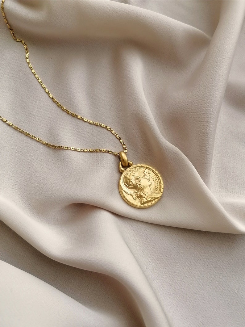 Big Goddess Minerva vintage coin necklace, bathed in gold or palladium, handmade in Paris, France image 2