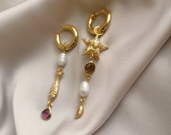 Ancient inspired asymmetric hoop earrings with pearls and a brown and red turmalines bathed in gold or silver, made by hand in Paris, France