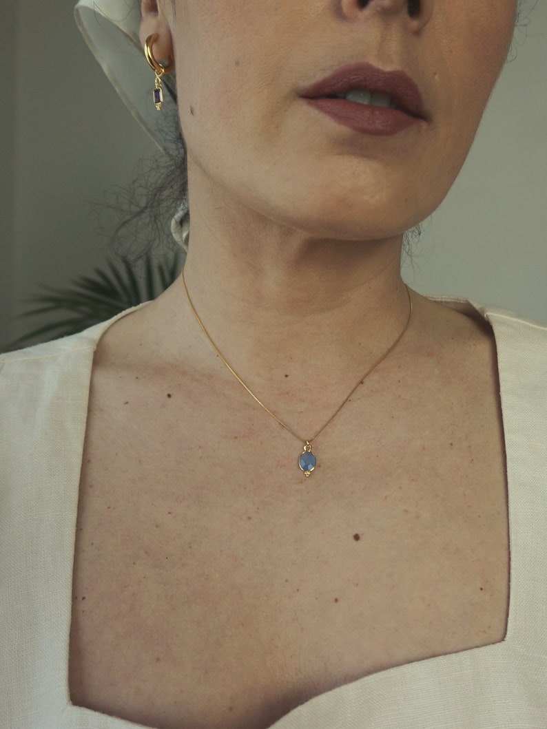 Cute but elegant fine blue chalcedony pendant necklace , bathed in 24k gold or silver, handmade in Paris, France image 3