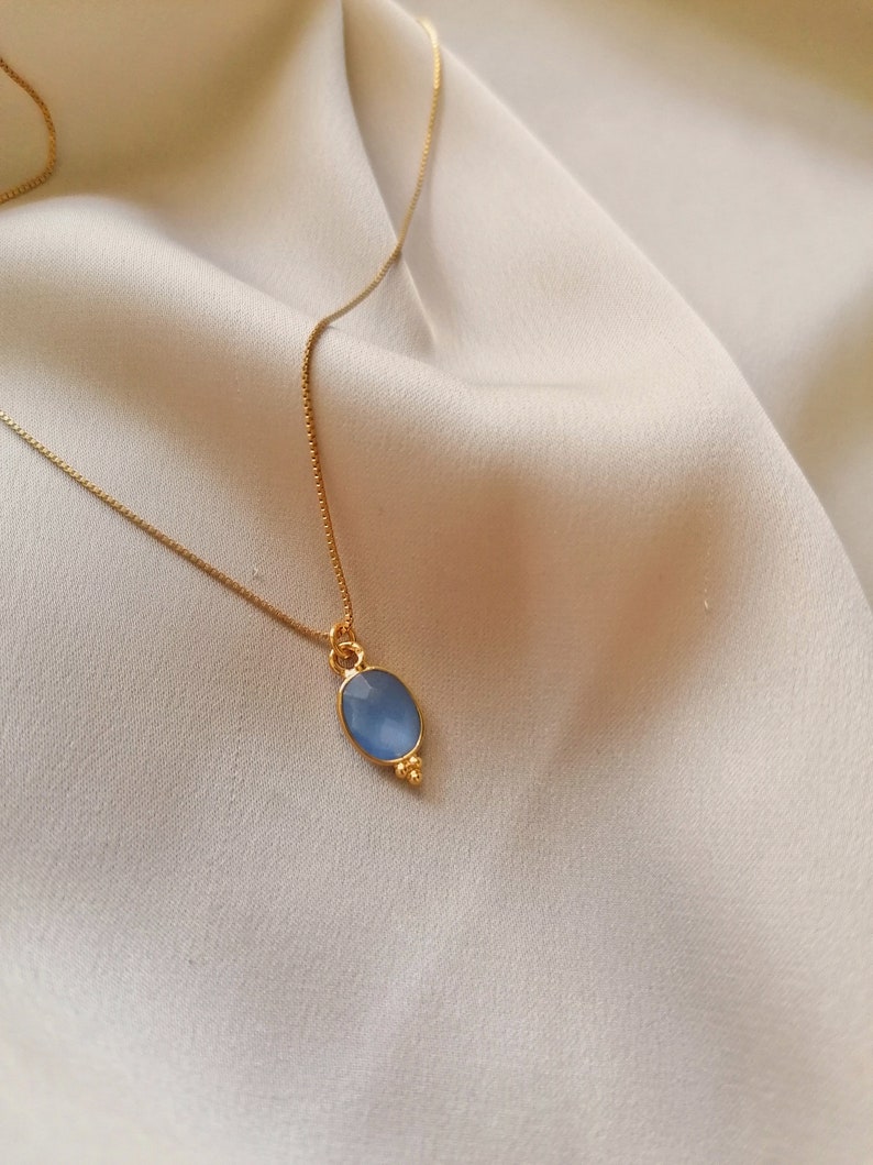 Cute but elegant fine blue chalcedony pendant necklace , bathed in 24k gold or silver, handmade in Paris, France image 6