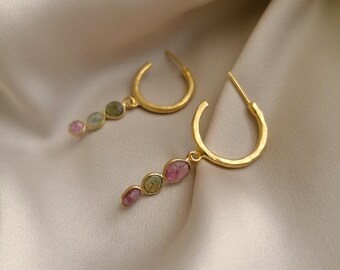 Ancient jewelry inspired hoop earrings with three turmalines bathed in gold or silver, made by hand in Paris, France