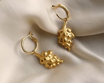 Grape charm hoop earrings bathed in gold or silver and made by hand in Paris, France