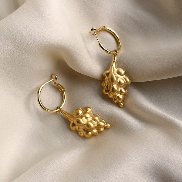 Grape charm hoop earrings bathed in gold or silver and made by hand in Paris, France