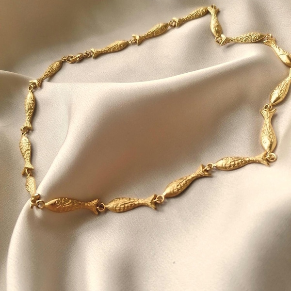 Handmade 24k Gold Vintage Fish Choker Necklace, Paris