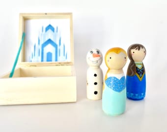 Hand Painted Peg Dolls, Elsa, Anna, Olaf, Wooden Story Toys
