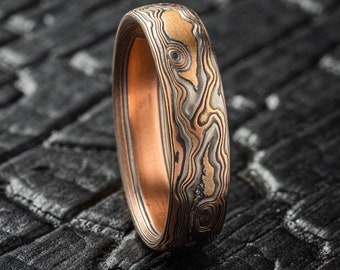 Artisan Mokume Gane Ring or Wedding Band in Firestorm Palette and Woodgrain Pattern