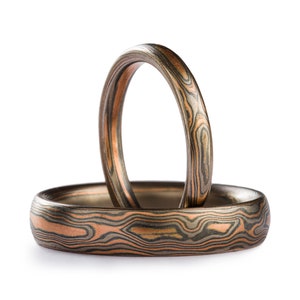 Woodgrain Mokume Gane Rings or Wedding Band Set in Oxidized Embers Palette