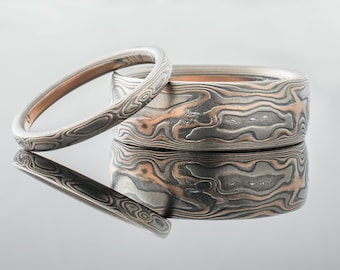 Artisan Mokume Gane Ring Set or Wedding Bands in Oxidized Embers Palette