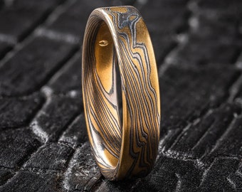 Unique Mokume Gane Wedding Band or Ring in Flare Palette and Twist Pattern with an Etched Finish