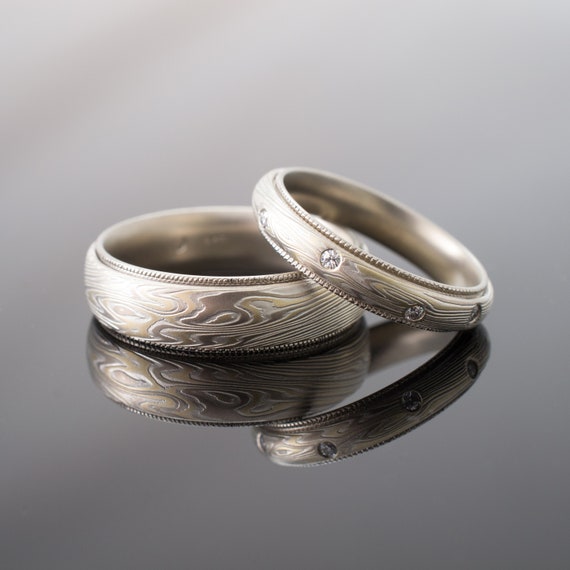 Mokume Gane Rings Matched Wedding Band Set With Moissanite Twist