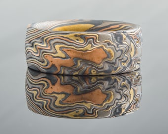 Crafted Mokume Gane Ring or Wedding Band or Ring in Firestorm Palette and Twist Pattern with Kazaru