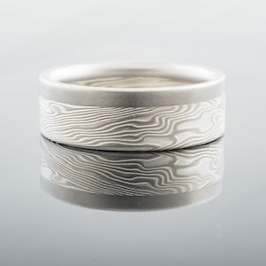 Flat Profile Mokume Gane Ring or Wedding Band in Twist Pattern with Added Palladium Rail