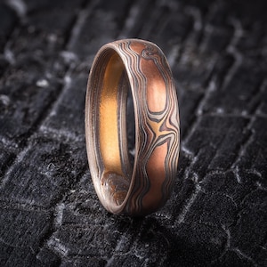 May include: A close-up of a copper ring with a unique, layered pattern. The ring features a mix of copper, bronze, and silver tones, creating a marbled effect. The interior of the ring has a warm, golden hue, and the ring is set against a dark background.