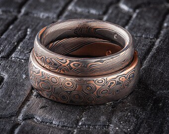 Matching Mokume Gane Wedding Set in Twist/Droplet Pattern