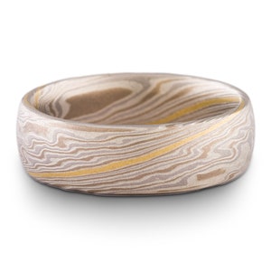 Unique Mokume Gane Wedding Band or Ring in Twist Pattern with 18k Gold Stratum