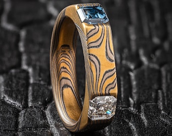 Einzigartiger Flat Top Mokume Ring mit Saphir und Diamant