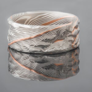 Mokume Gane Guri Bori Wedding Ring or Band with Red Gold Stratum