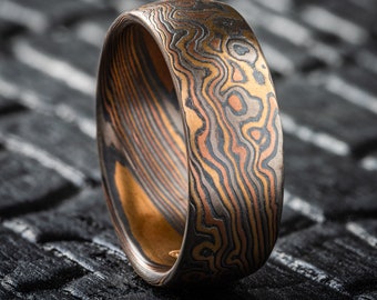 Woodsy Mokume Gane Ring or Wedding Band in Twist/Droplet Pattern and Firestorm Palette