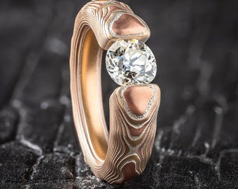 Mokume Gane Tension Set Diamond Engagement Ring
