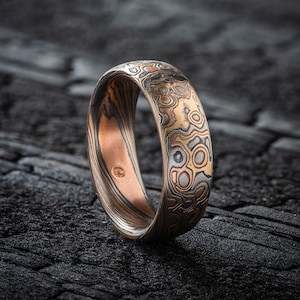 Rustic Mokume Gane Ring or Wedding Band in Twist/Droplet Pattern and Firestorm Palette