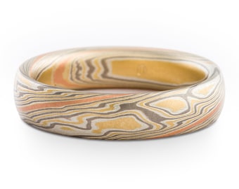Mokume Gane Wedding Band or Ring in Twist Pattern with Red Gold Stripe
