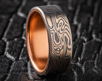 Dark Smoky Mokume Ring with Red Gold Liner