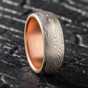 River Mokume Gane Ring or Wedding Band in Twist Pattern and Smoke Palette with Etched Finish and added Red Gold Liner