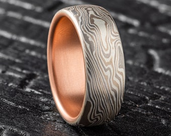 River Mokume Gane Ring or Wedding Band in Twist Pattern and Smoke Palette with Etched Finish and added Red Gold Liner