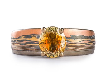 Custom Pattern Mokume Gane Ring with Sunset Sapphire